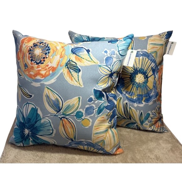 Henryka Floral Throw Pillows Indoor Outdoor Tropical Blue & Yellow 12" Set Of 2 - Picture 1 of 6